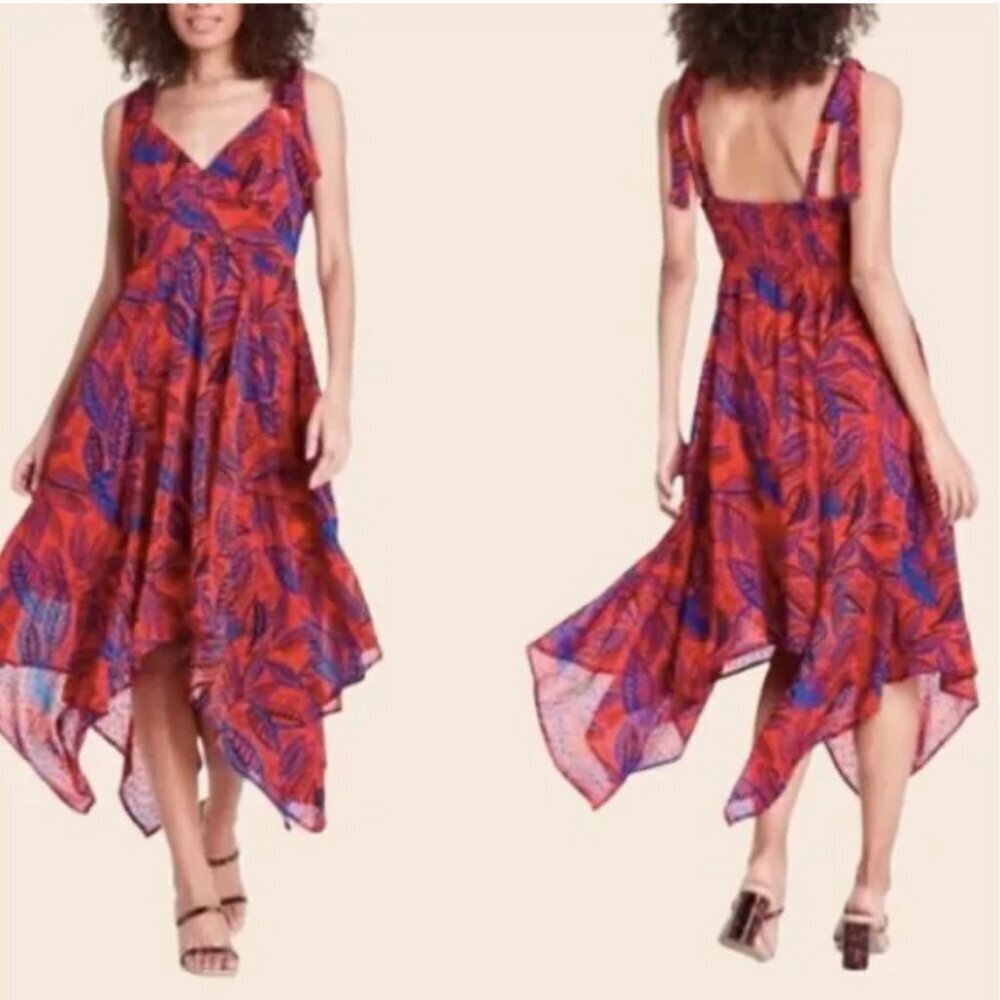 Alexis For Target Flowy Hem Leaf Print Dress Tie Shoulders Smocked Top Small